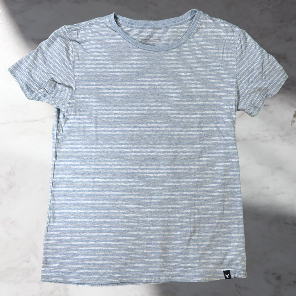 American Eagle Outfitters Men's Blue and White Striped Tee (Size M)